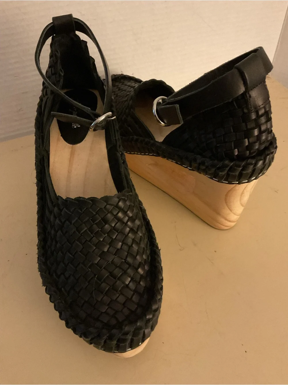 Free People women Black leather Woven Ankle-Strap Platform Wedges sandals US 8